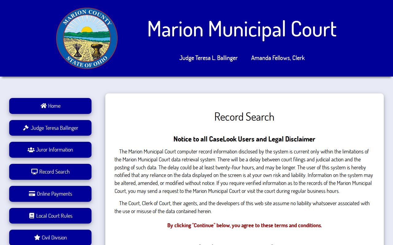 Marion Township resident lookup access at Marion Municipal Court CaseLook