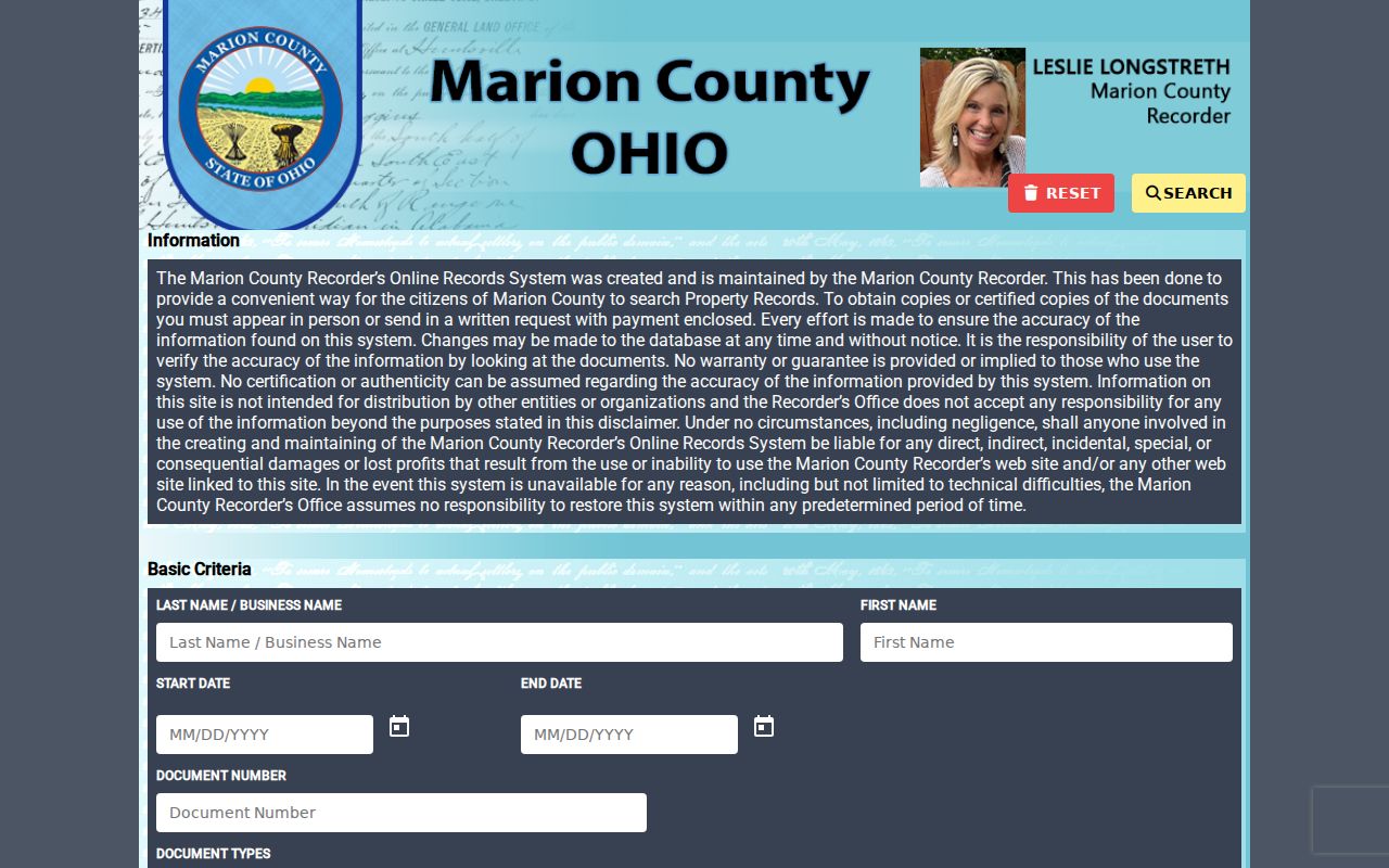 Marion Township street record Recorder deed index controls